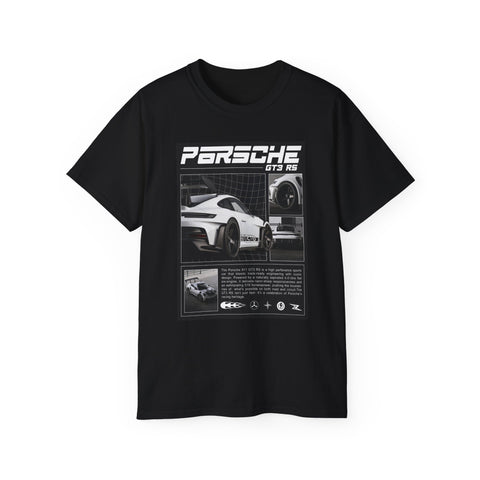 Porsche GT3 RS Graphic Tee — White Sports Car Poster Design (BLACK)